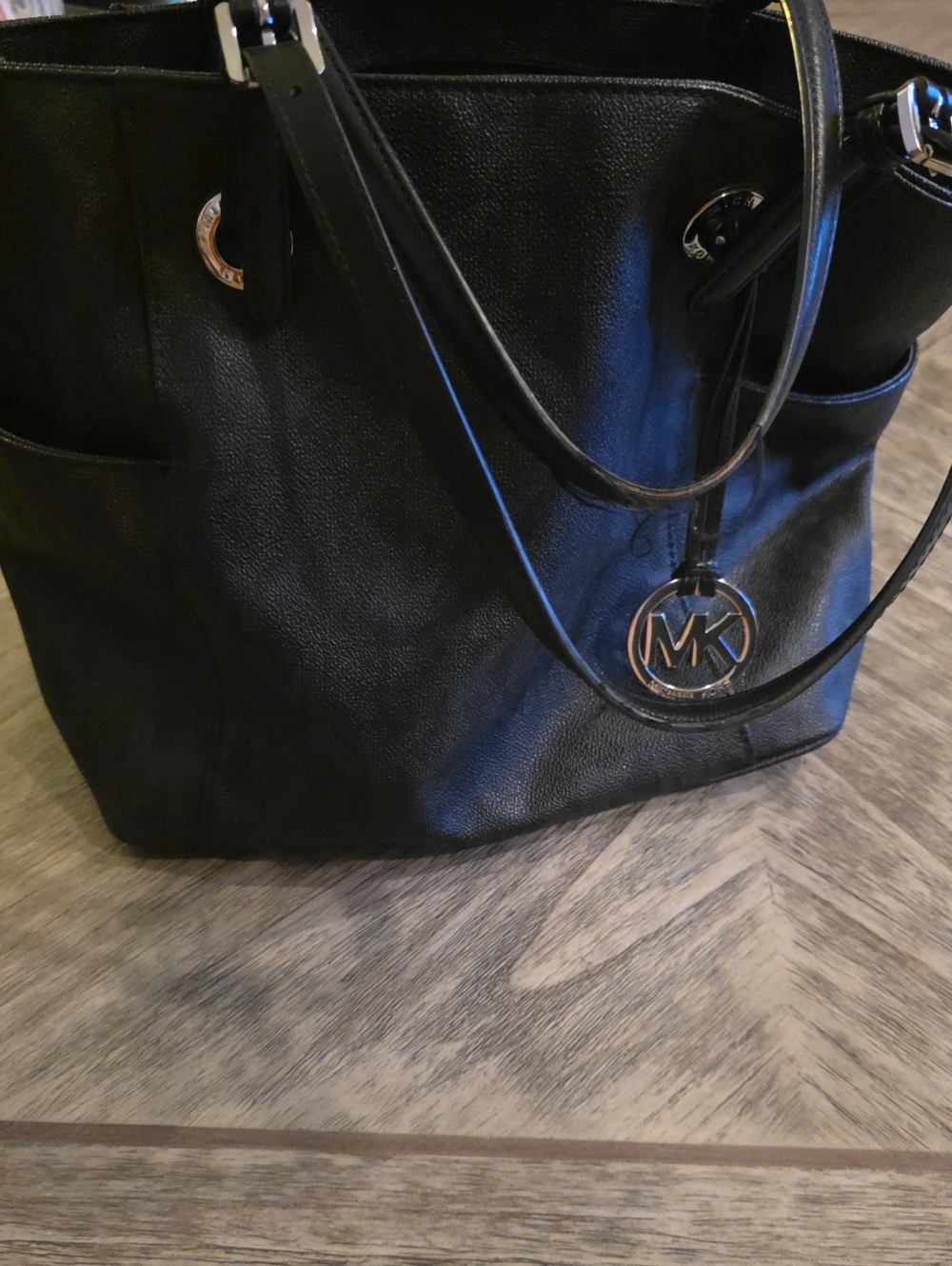 Authentic Michael Kors Black Pebbled Leather Tote with MK Logo Charm
